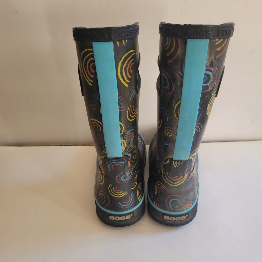 Bogs Rain Boots Youth 1 Black Wild Rainbow Waterproof Pull On - Picture 9 of 9